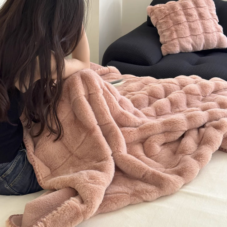 3color block fur blanket