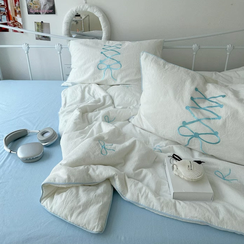 3color lace up ribbon quilt & pillow sheets set