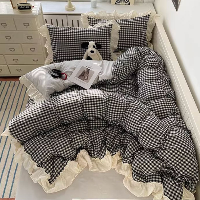 4color gingham check frill bedlinen set