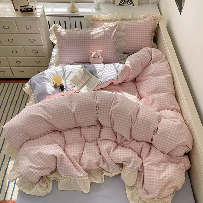 4color gingham check frill bedlinen set