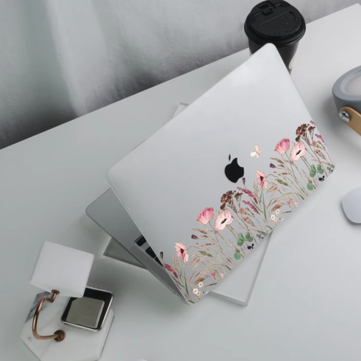 clear pink flower mac book case