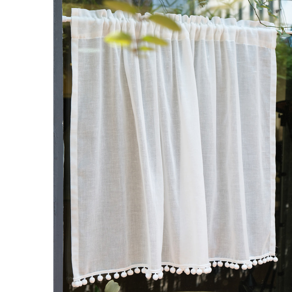 【即納】white cotton ponpon linen curtain / 幅100×高さ70cm