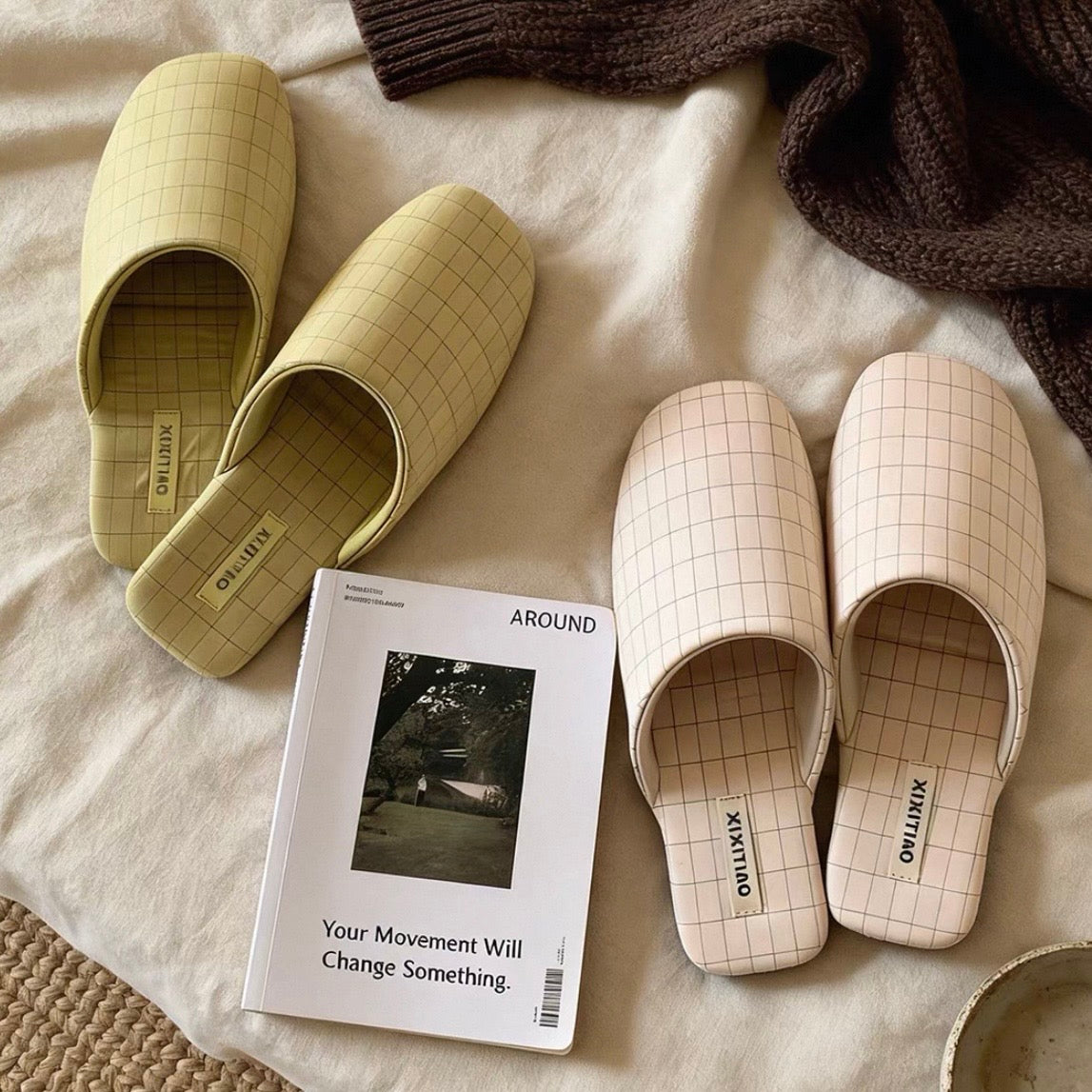 Grid Pattern Soft room shoes (4colors)