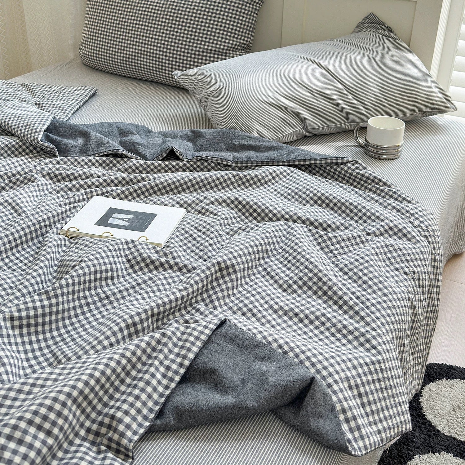 gingham check quilt & pillow sheets set (4color)