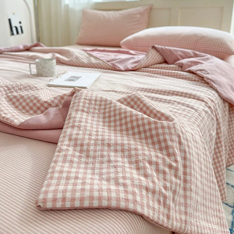 gingham check quilt & pillow sheets set (4color)