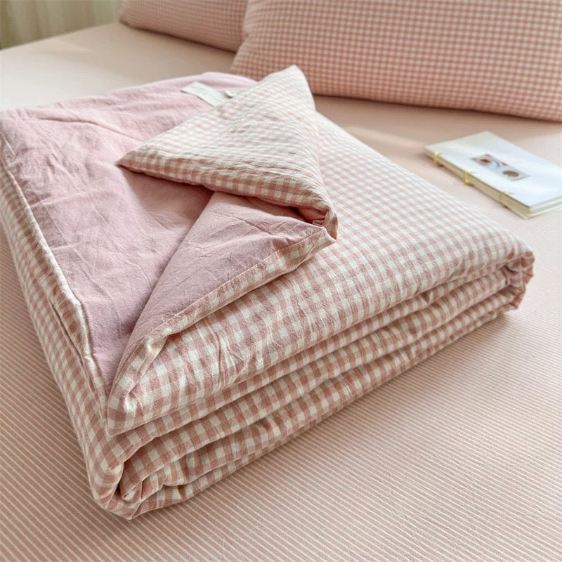gingham check quilt & pillow sheets set (4color)