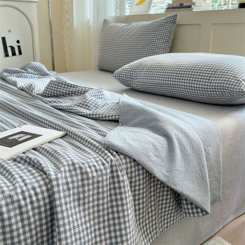 gingham check quilt & pillow sheets set (4color)