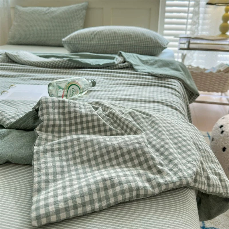 gingham check quilt & pillow sheets set (4color)