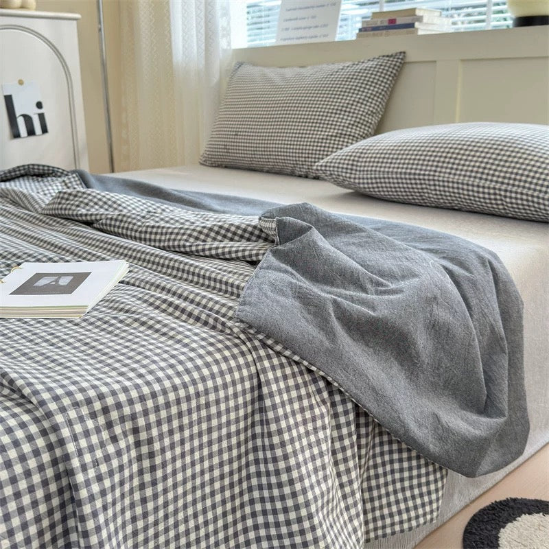 gingham check quilt & pillow sheets set (4color)
