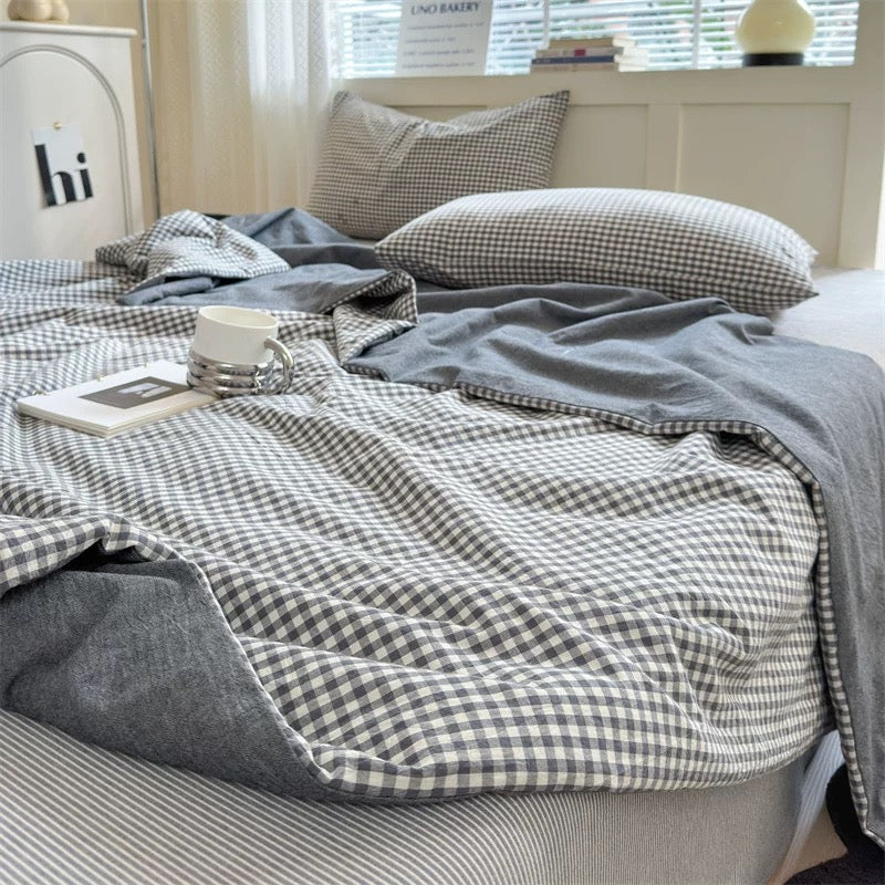 gingham check quilt & pillow sheets set (4color)