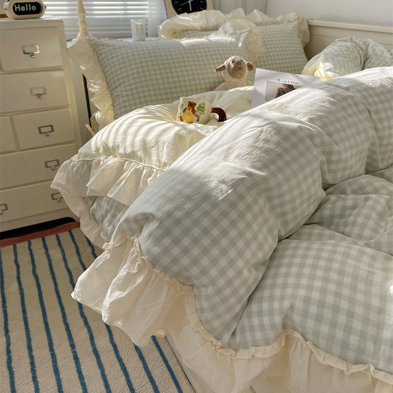 4color gingham check frill bedlinen set