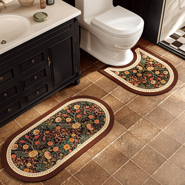 brown retro flower toilet mat