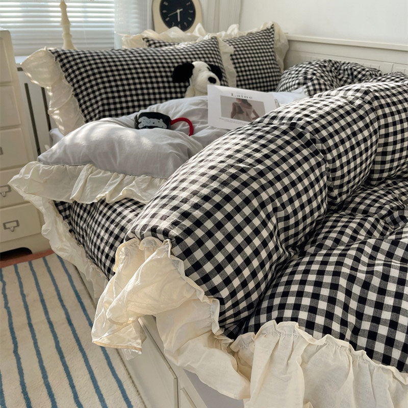 4color gingham check frill bedlinen set