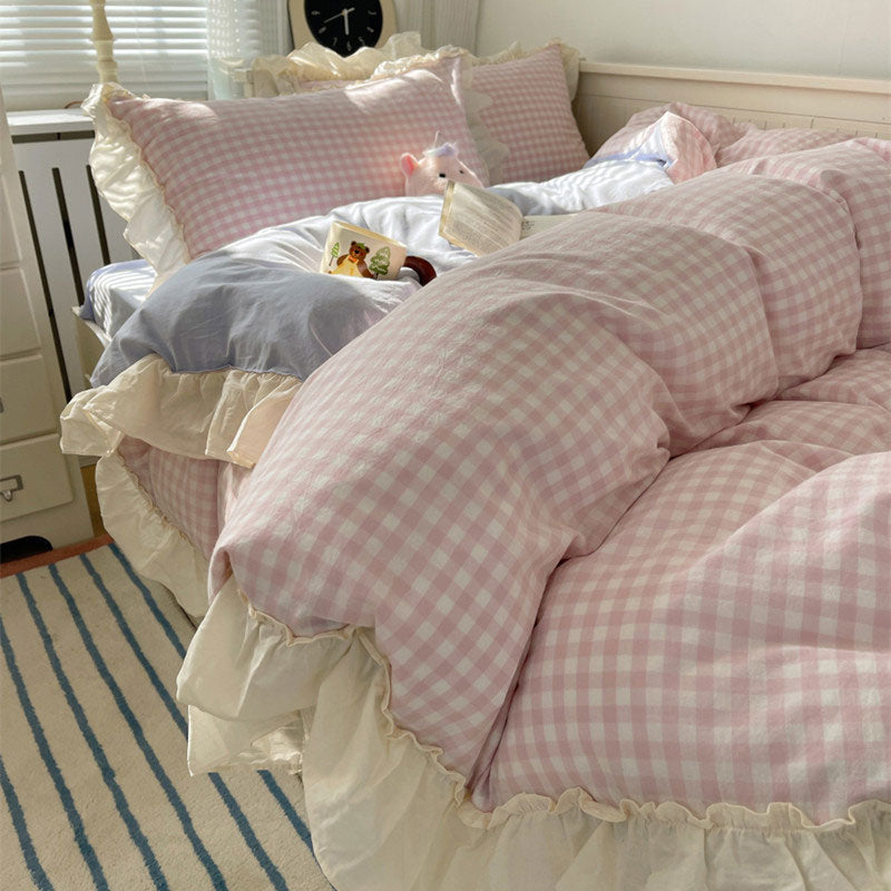 4color gingham check frill bedlinen set