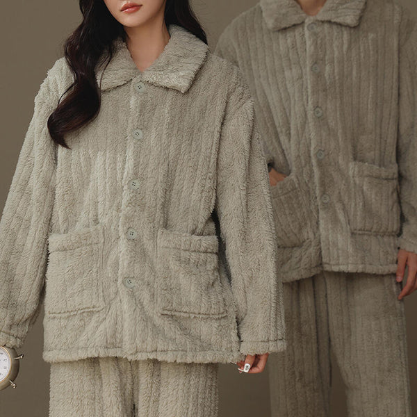 fluffy stripe front button roomwear