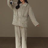 fluffy stripe front button roomwear