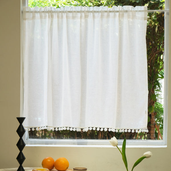 white cotton ponpon linen curtain