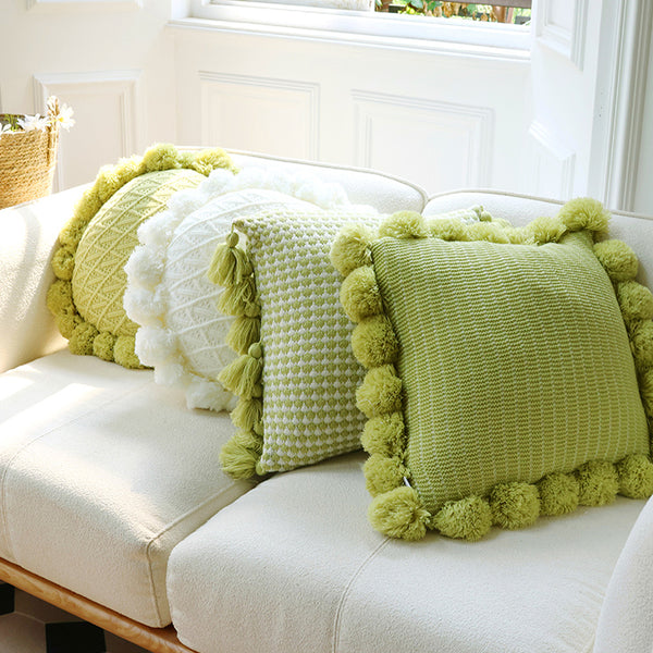 green motif ponpon cushion