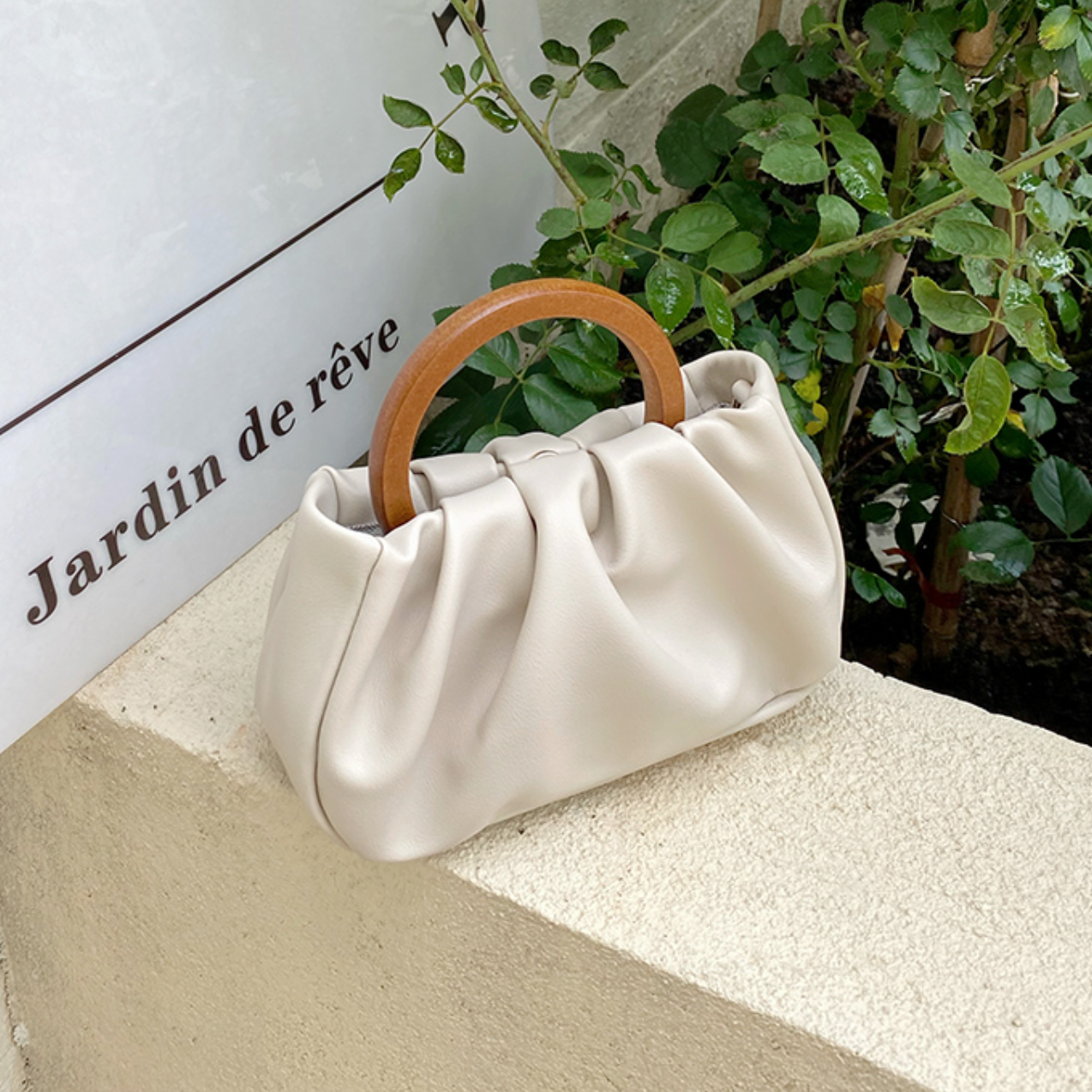 【即納】mini wood handle bag / white