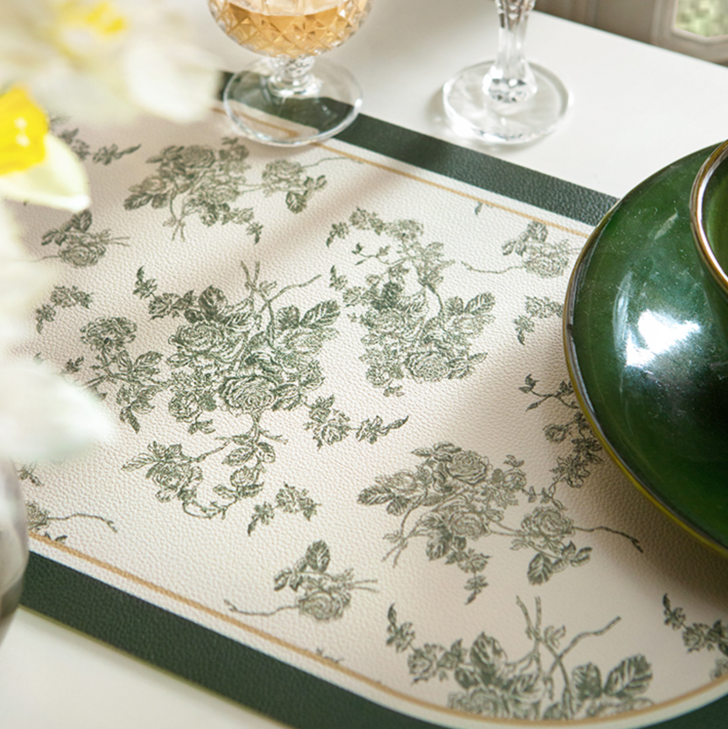 green vintage flower place mat