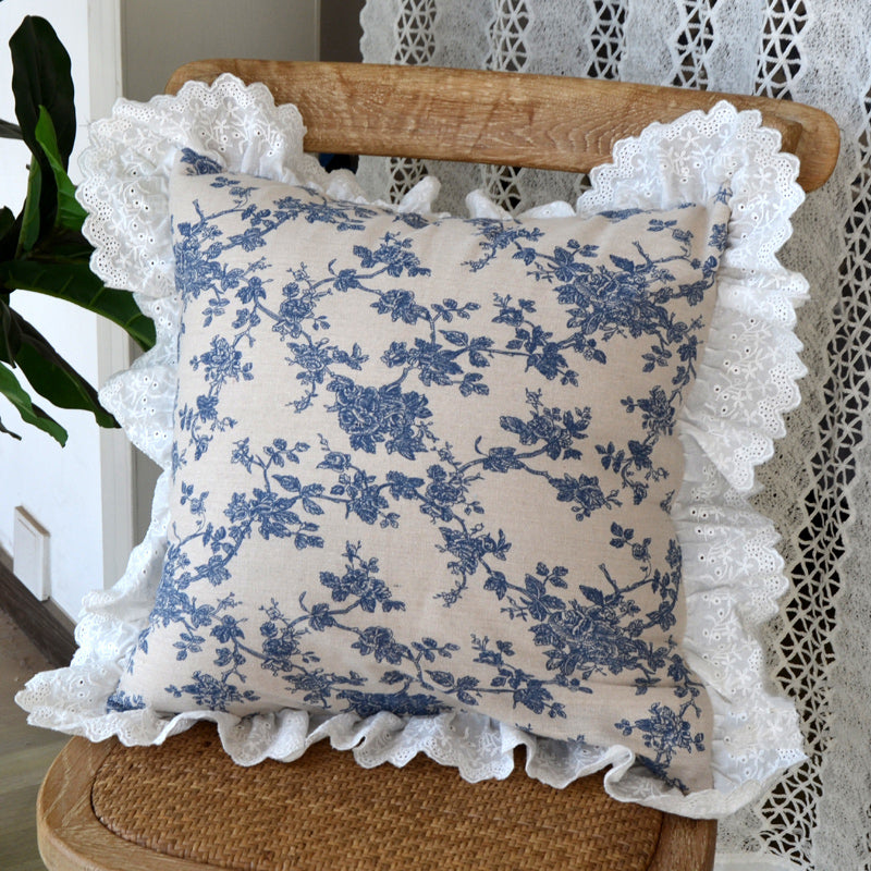 french retro blue flower cushion cover
