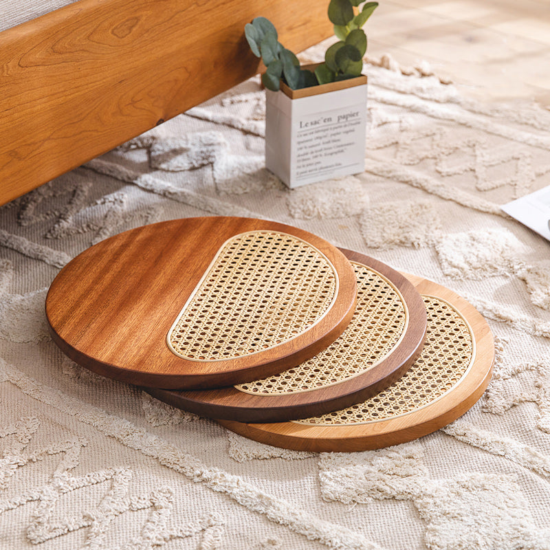 3color round rattan wood tray