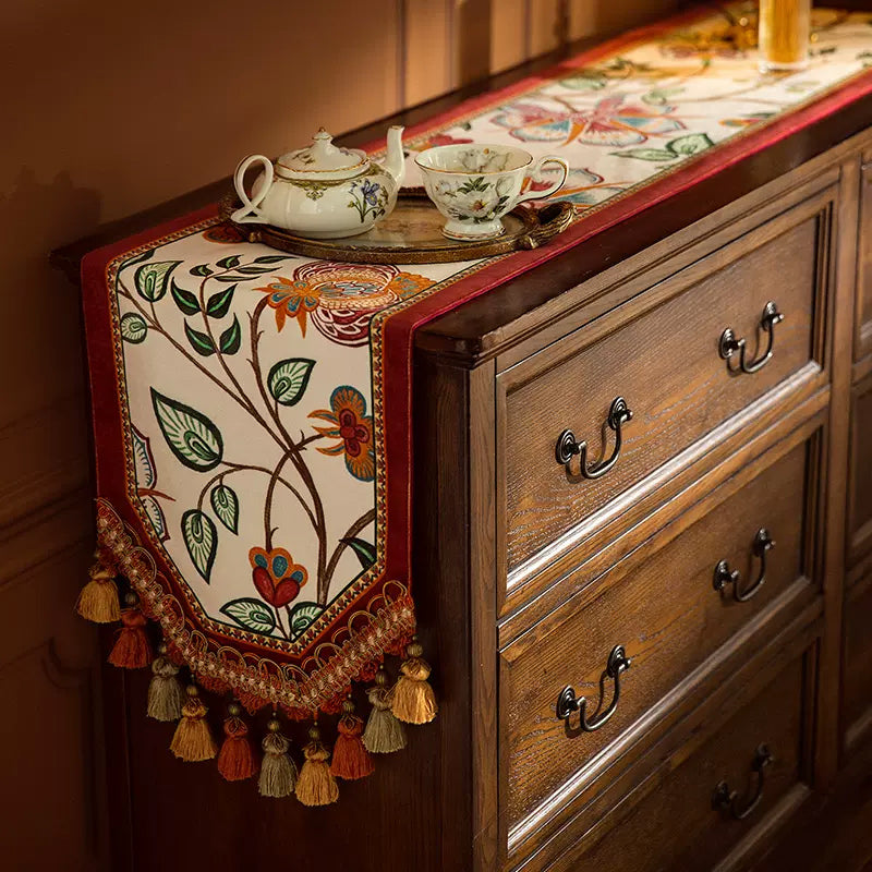 2design dark red vintage flower table runner