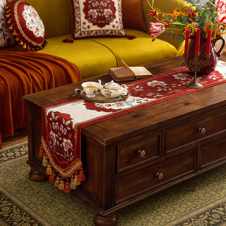 2design dark red vintage flower table runner